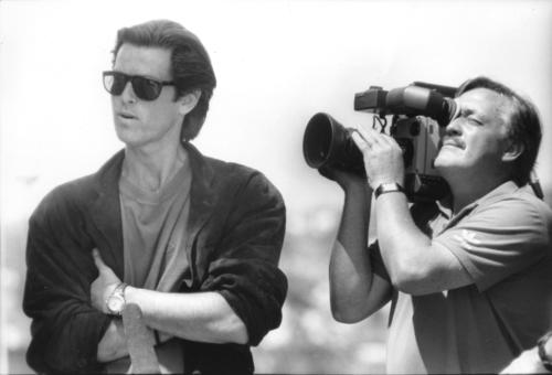 805: Filming for the movie "Heist," at the racetrack in Del Mar. "Heist" leading man Pierce Brosnan is photographed by Brian Doyle, a TV camera man from Australia, who was at the set of an upcoming show in Hollywood, 4/3/89
